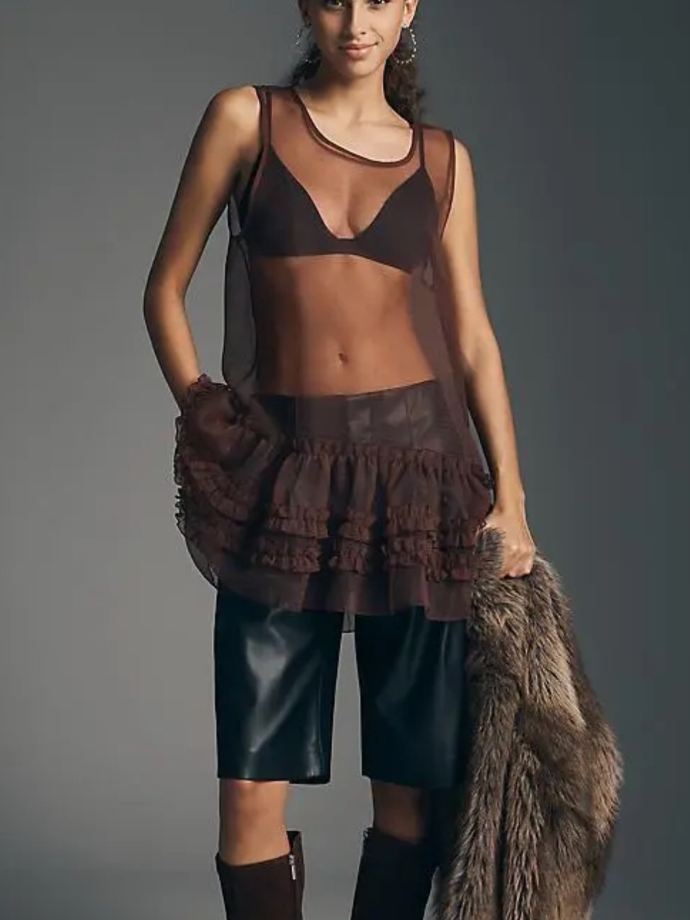 & Layered Sheer Ruffle Tunic Top